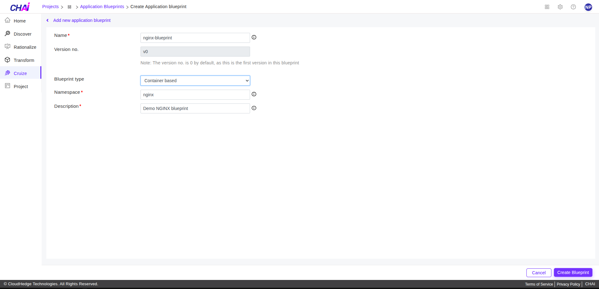 Cruize application blueprint