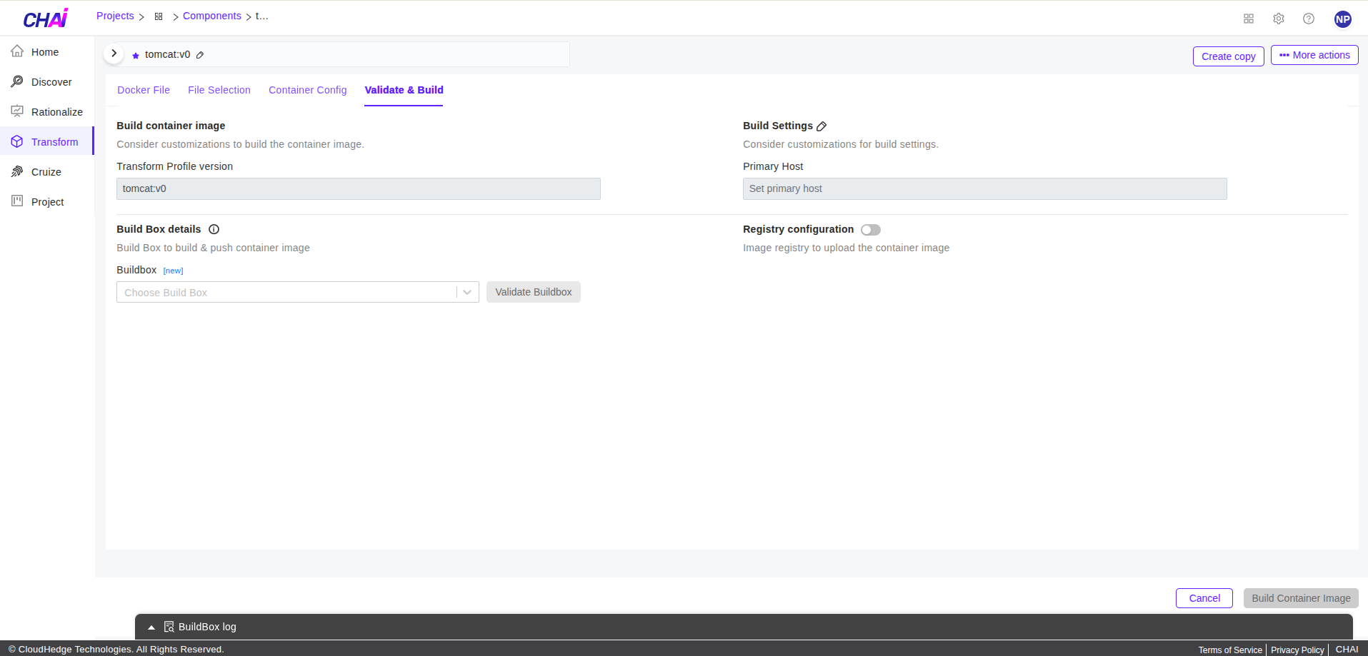 Transform Validate and Build tab