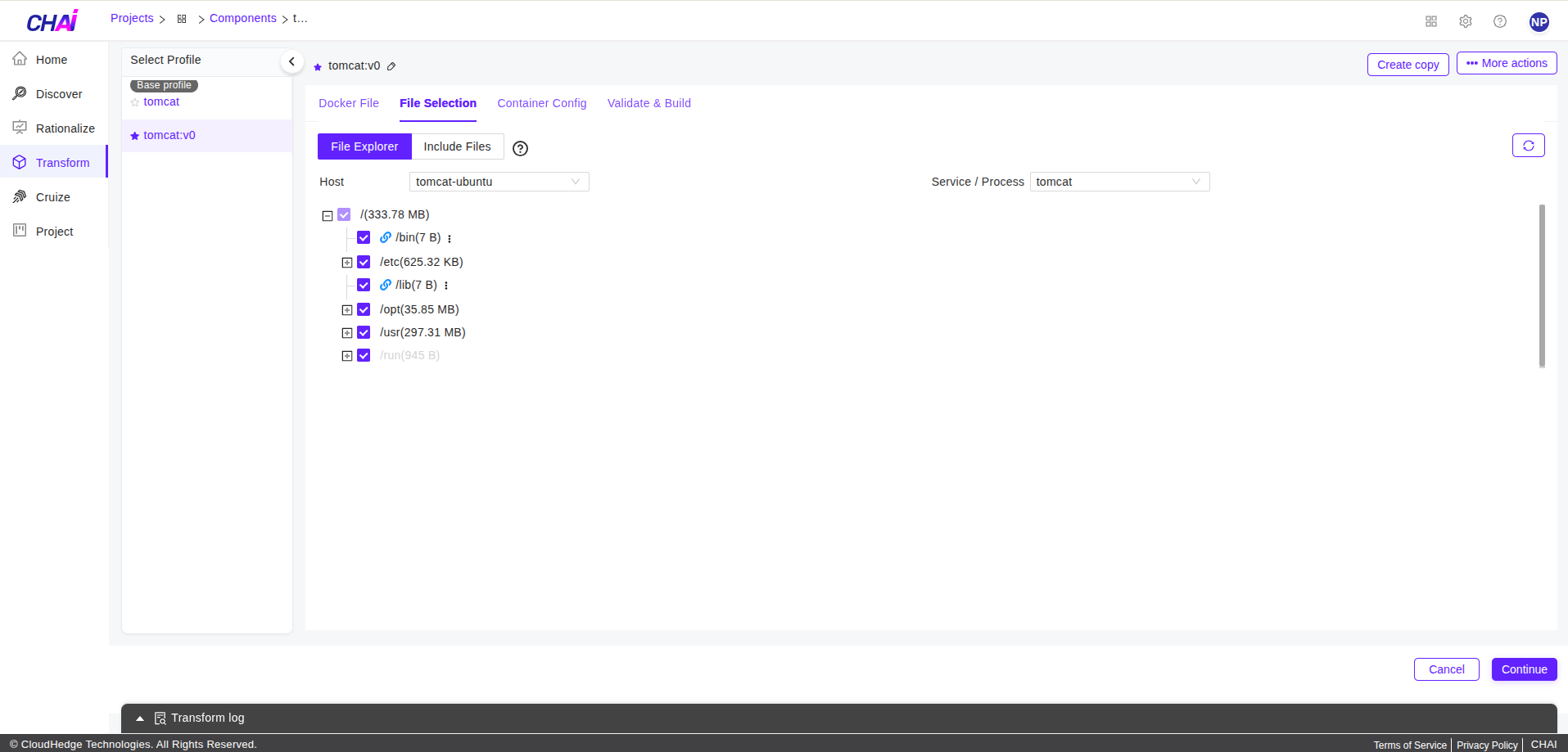 Transform Include Files tab