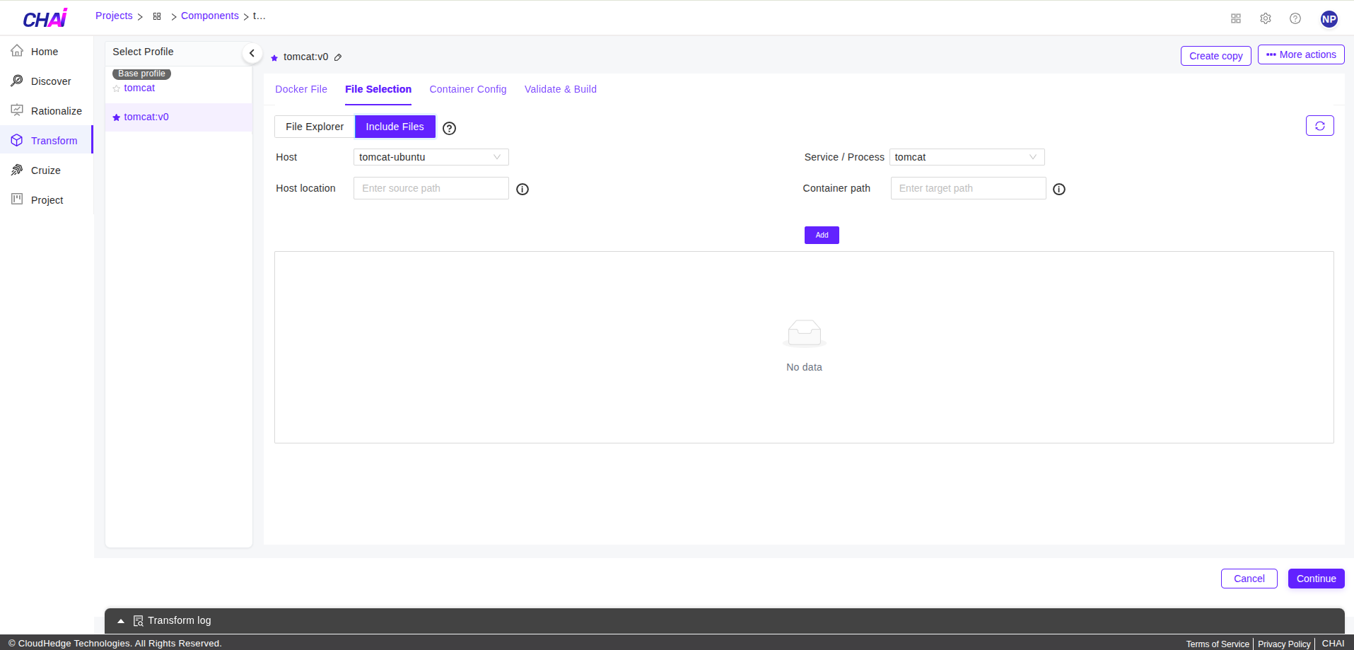 Transform Include Files tab