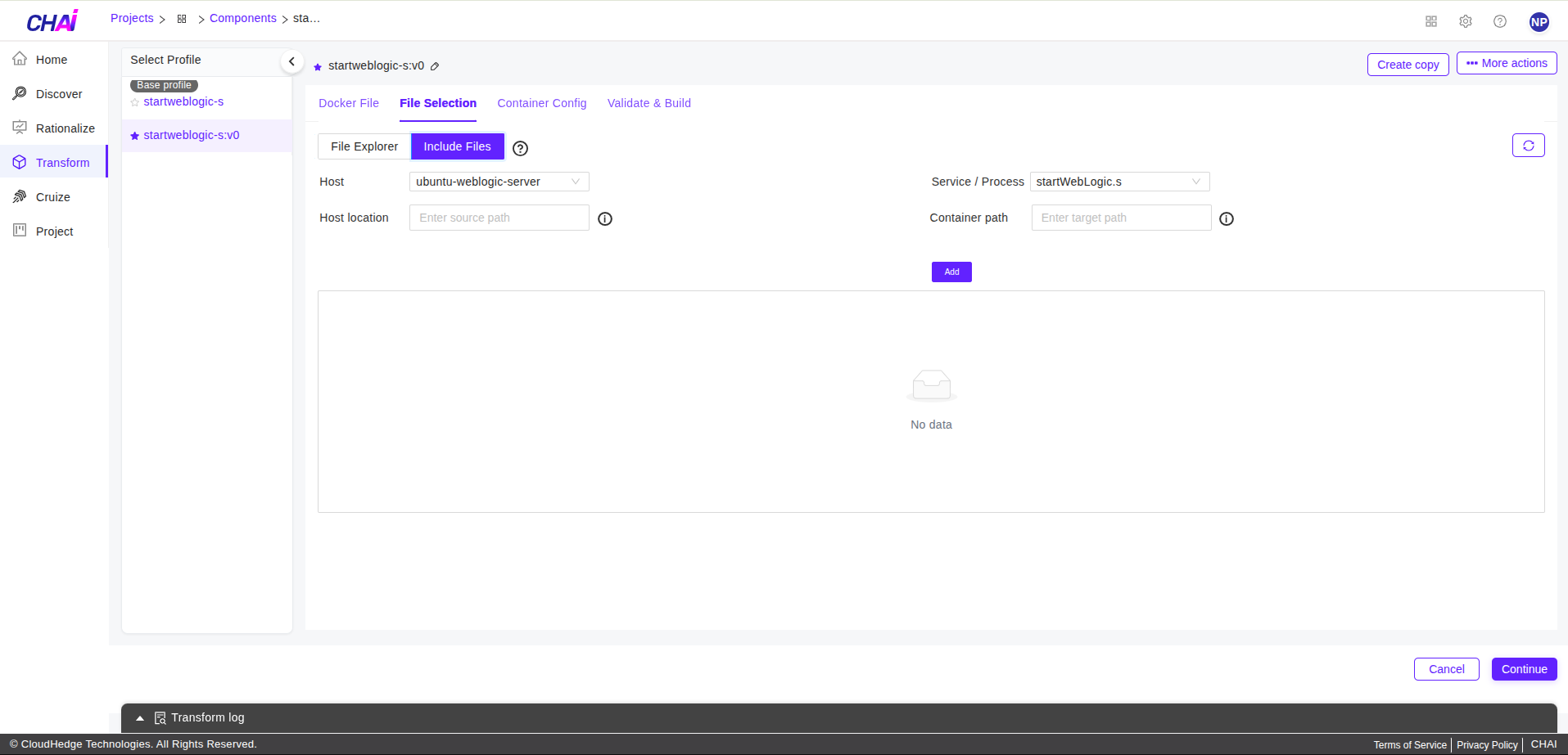 Transform Include Files tab