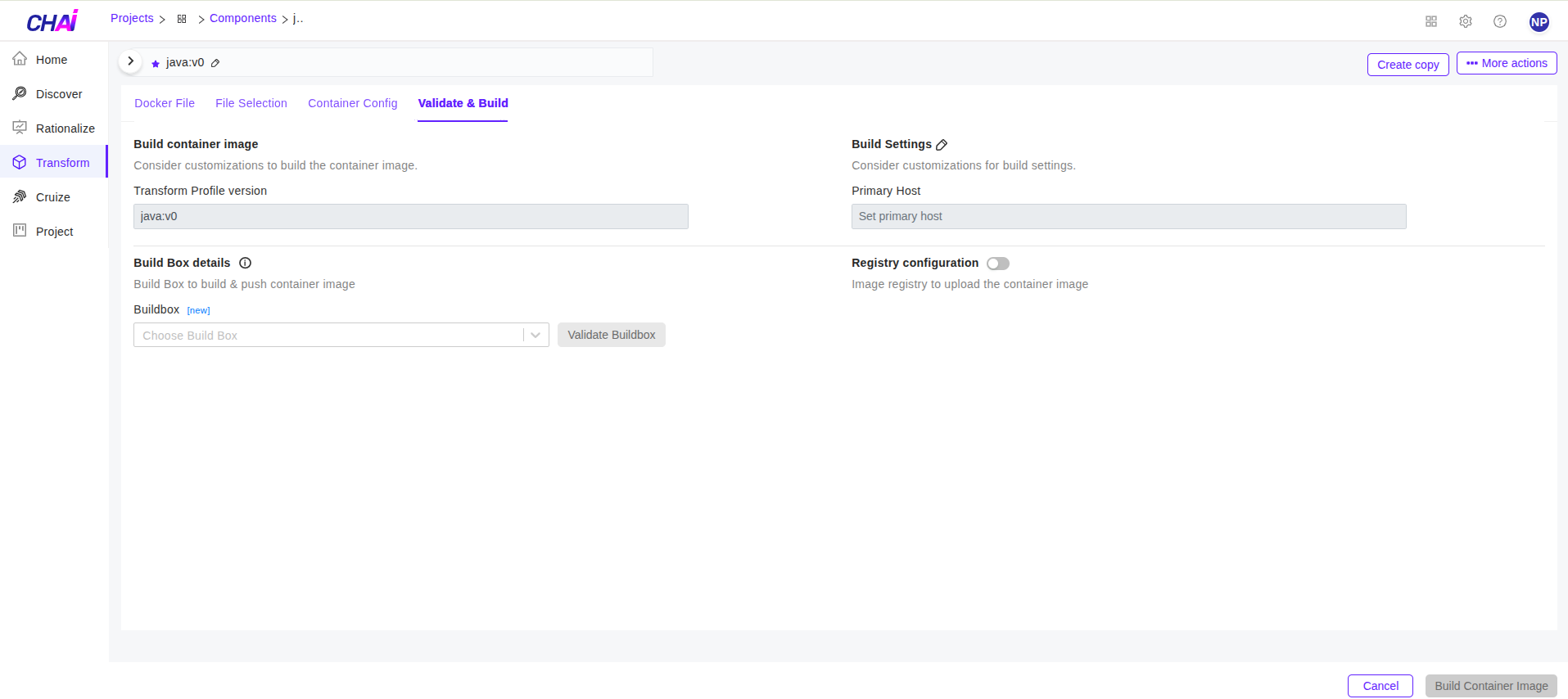 Transform Validate and Build tab