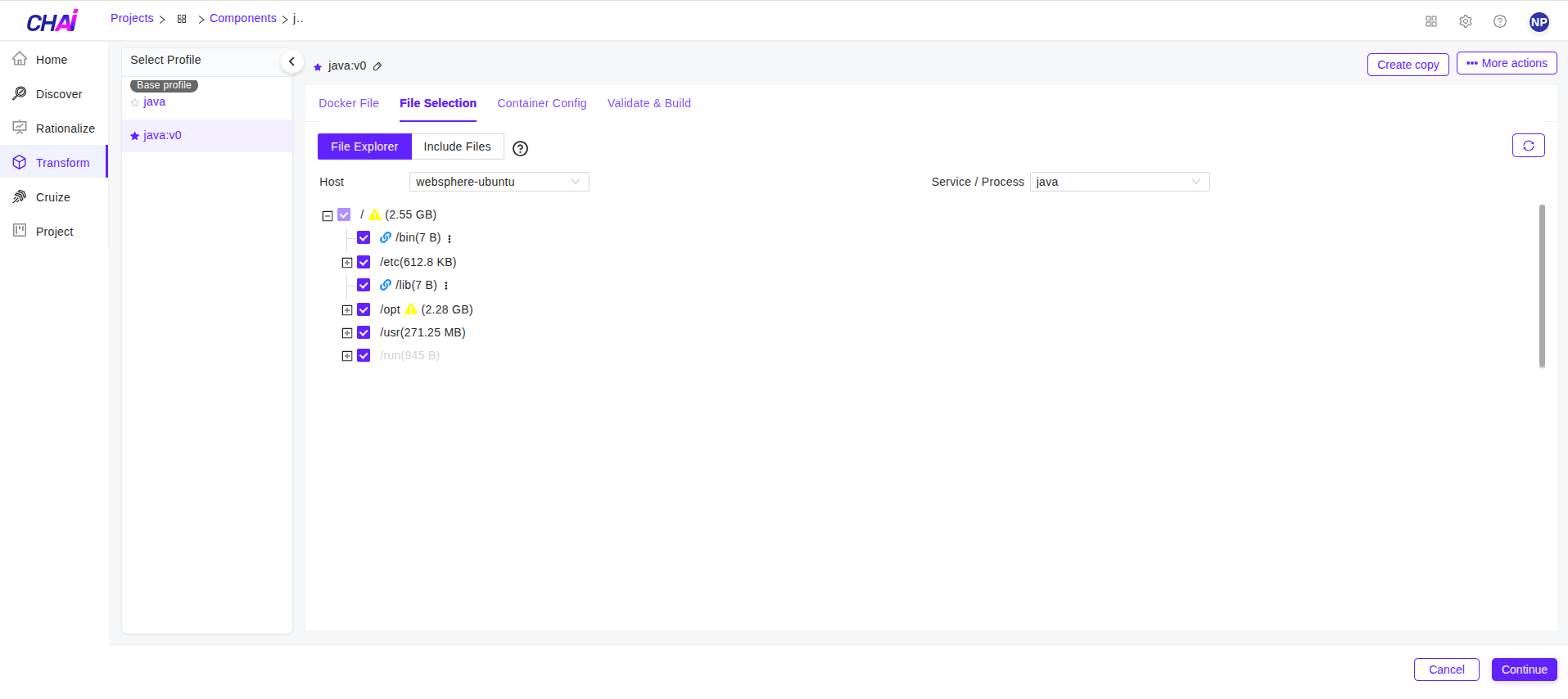 Transform Include Files tab