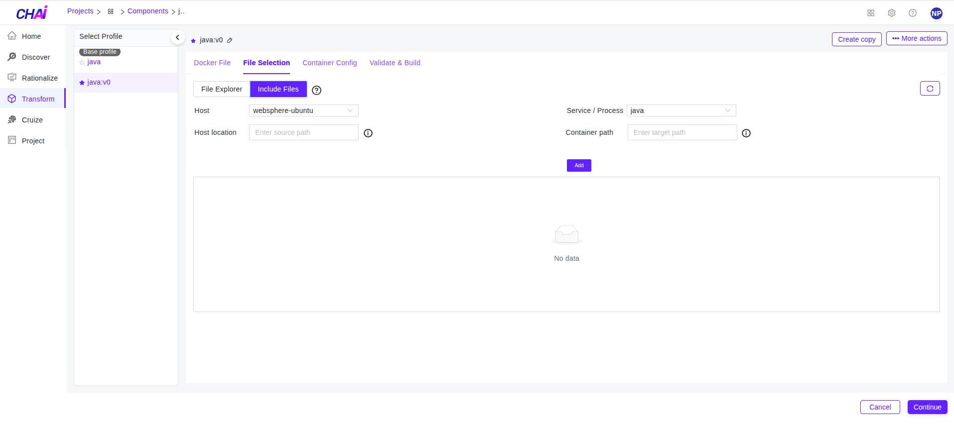 Transform Include Files tab